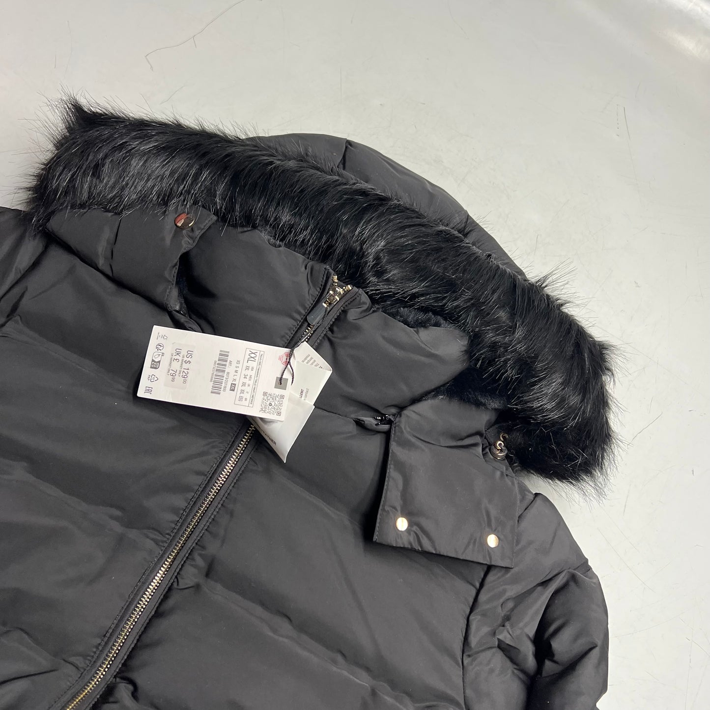 ZA@ ZARA Winter Coat W/ Faux Fur Hood Women's Sz XXL Black/Gold