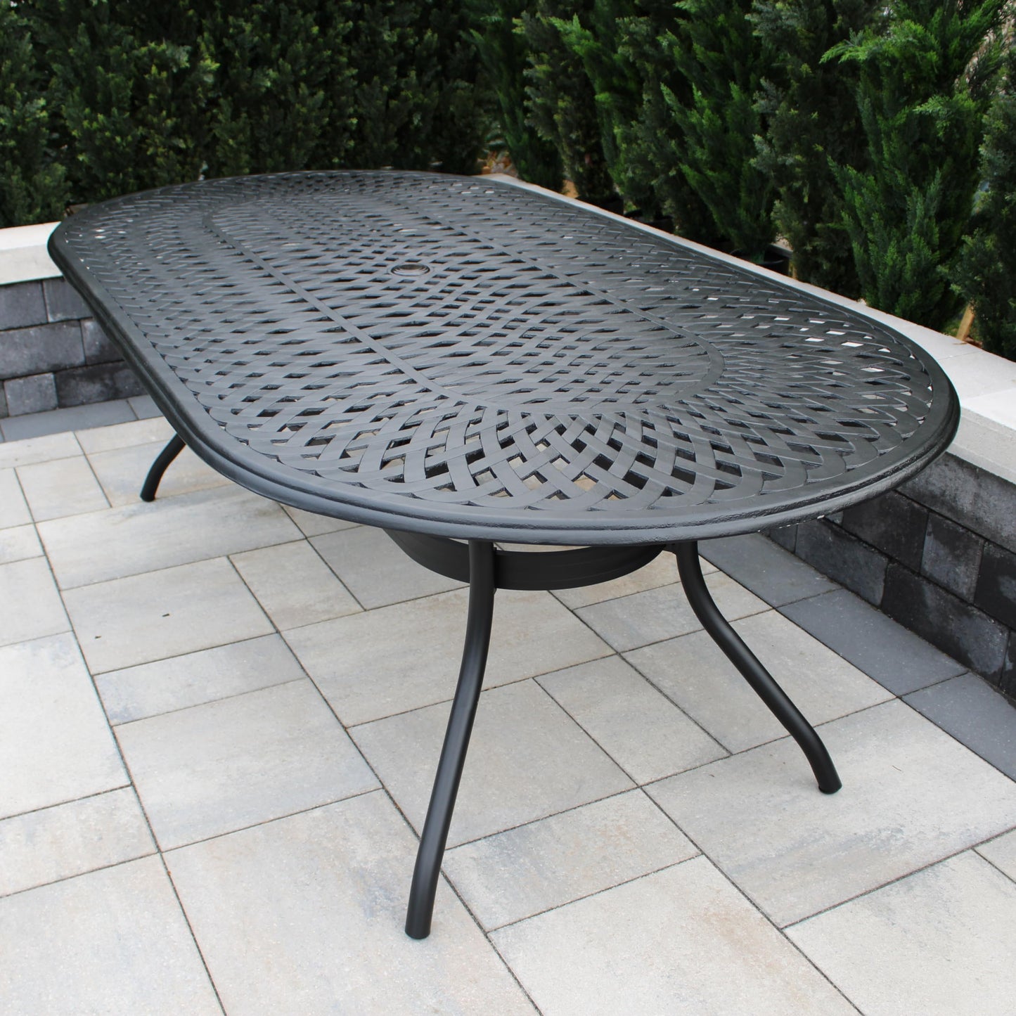 Z@ OAKLAND LIVING Oval Patio Dining Table, Aluminum 94”x48” Black 1025-OVAL-95-MESH-TABLE-LBK (New, Some Dirt)