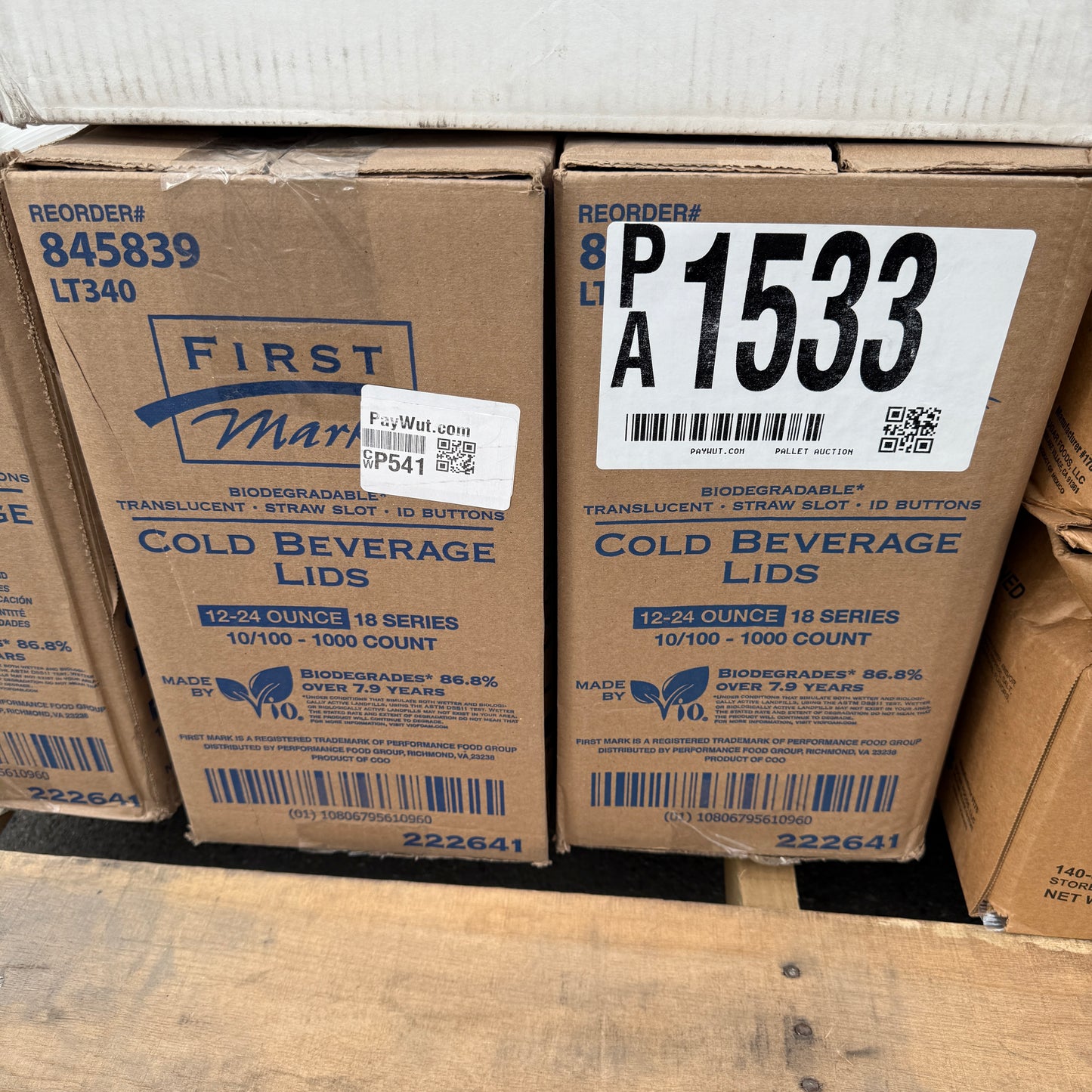 ZA@ Pallet of FIRST MARK Clear Lids, Black Hot Cup Lids, Tortilla Strips, & Toilet Seat Covers