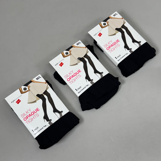 HANES (3 PACK) Style Silky Opaque Tights Non-Control Top Women's M/L Black 639772