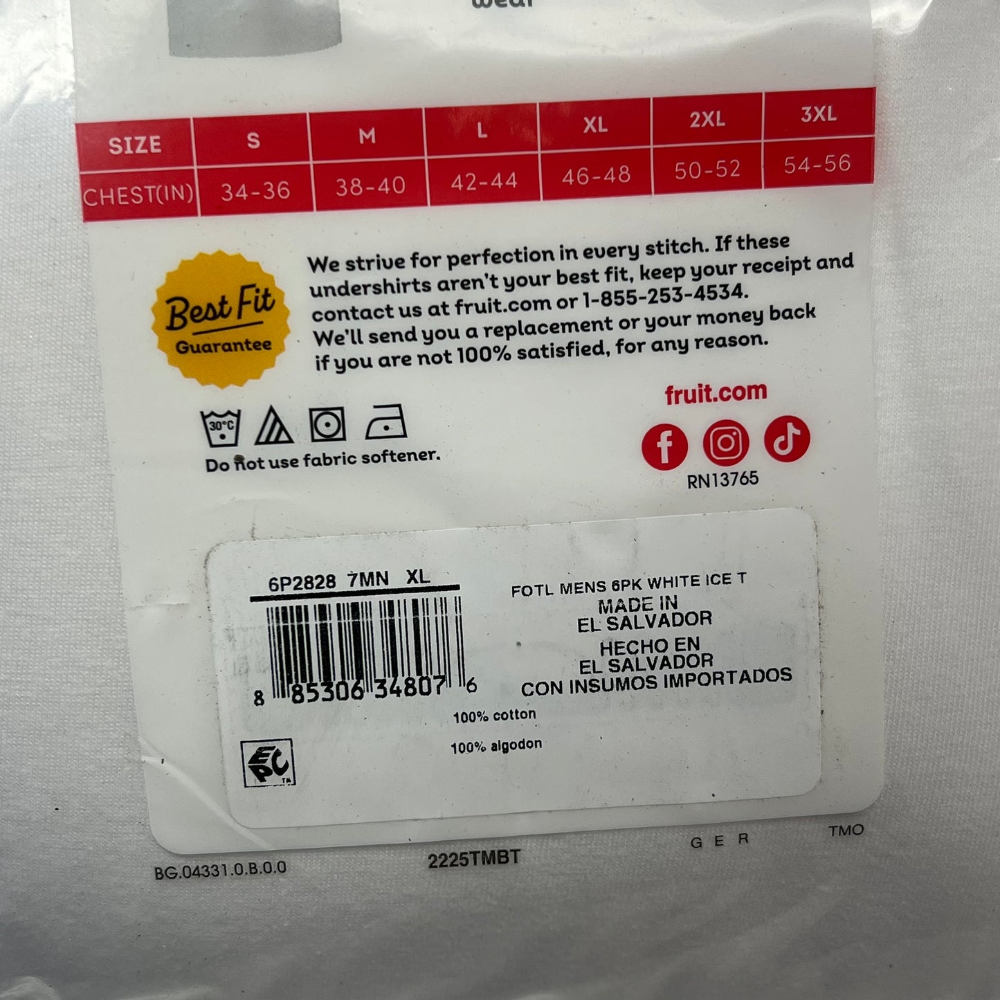 ZA@ FRUIT OF THE LOOM (6 PACK) Classic Fit Crew Neck T-shirts Men's Sz XL White 6P2828