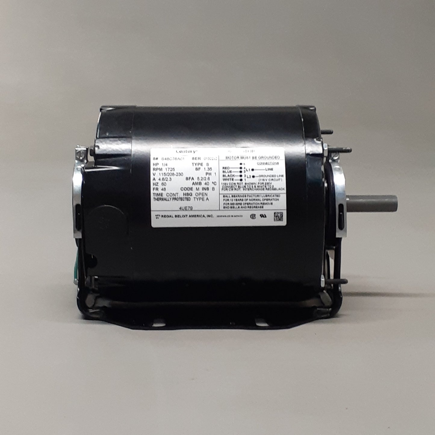 CENTURY Belt Drive Motor: 1 Speed, Open, Cradle Base Mount, 1/4 HP, 1,725 Nameplate RPM, 48 Frame (New)