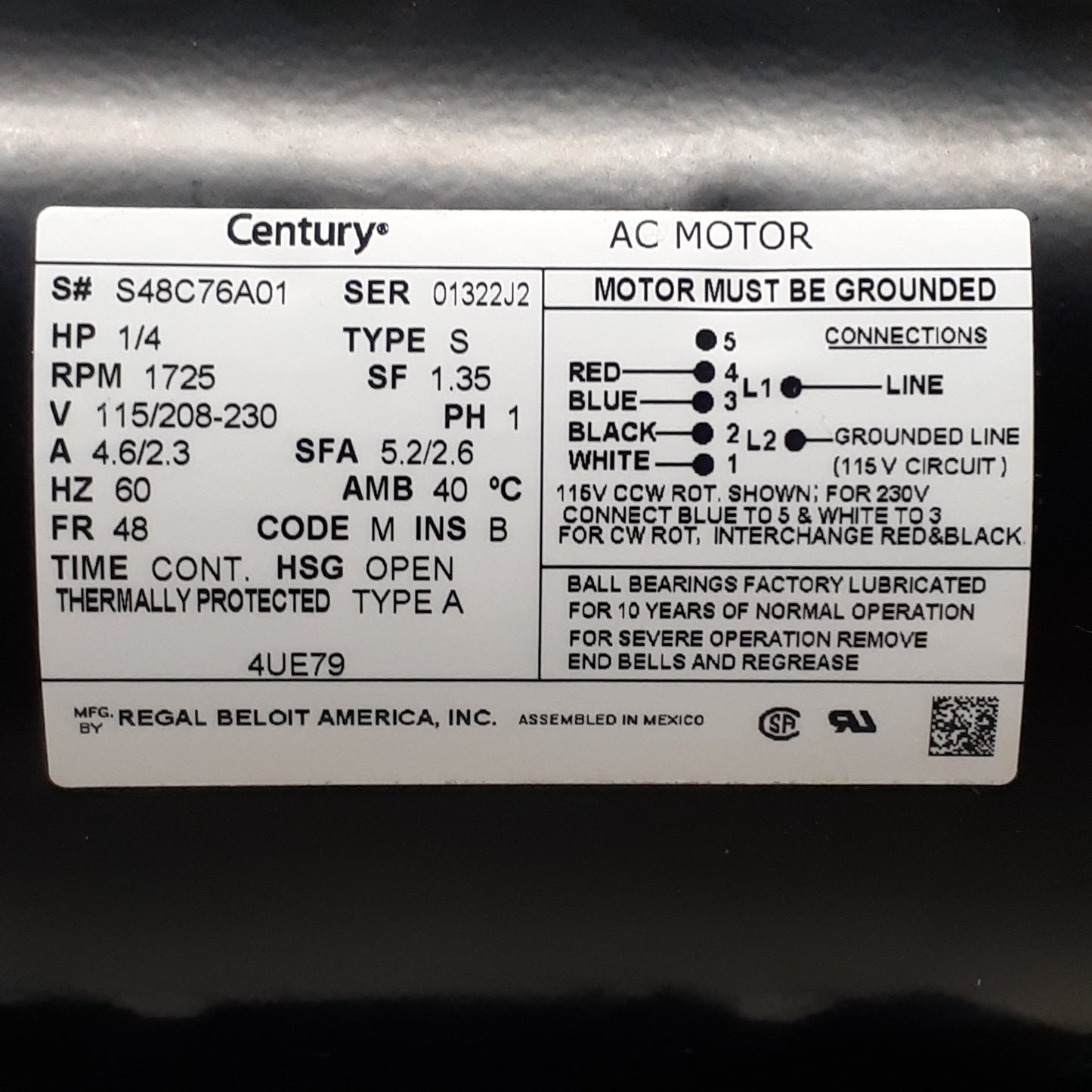 CENTURY Belt Drive Motor: 1 Speed, Open, Cradle Base Mount, 1/4 HP, 1,725 Nameplate RPM, 48 Frame (New)