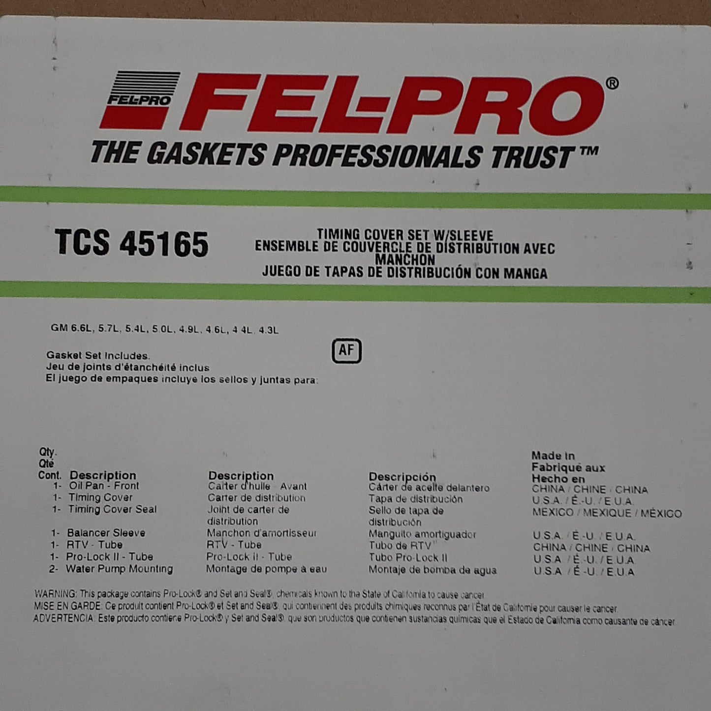 FEL-PRO Timing Cover Gasket Set w/Sleeve TCS45165 (New)