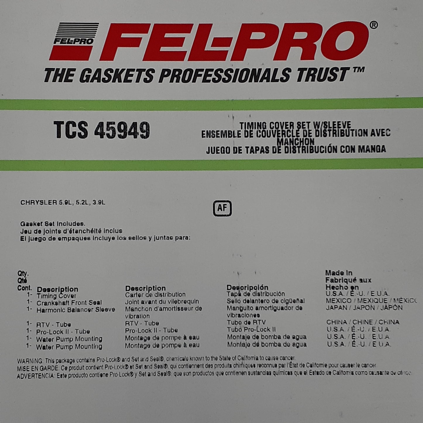 FEL-PRO Timing Cover Set w/Sleeve TCS45949 (New)