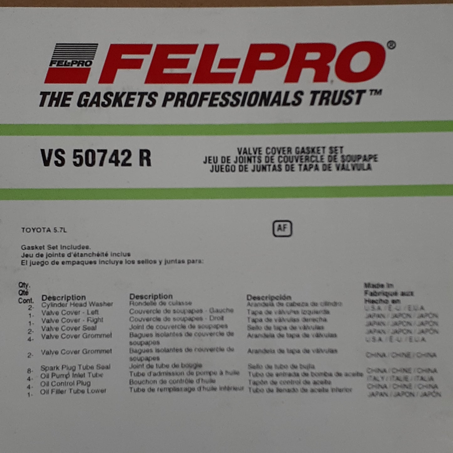 FEL-PRO R Valve Cover Gasket Set VS50742R (New)