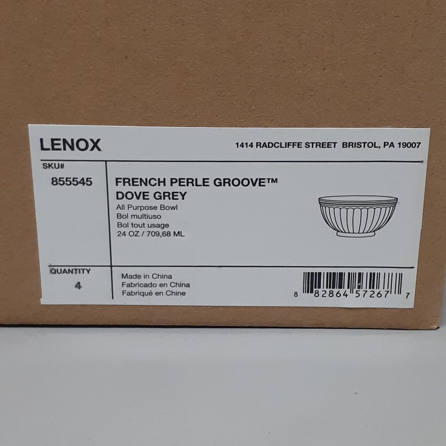 LENOX Set of 4 Dishware French Perle Groove Dove Grey Soup Cereal Bowl 855545 (New)