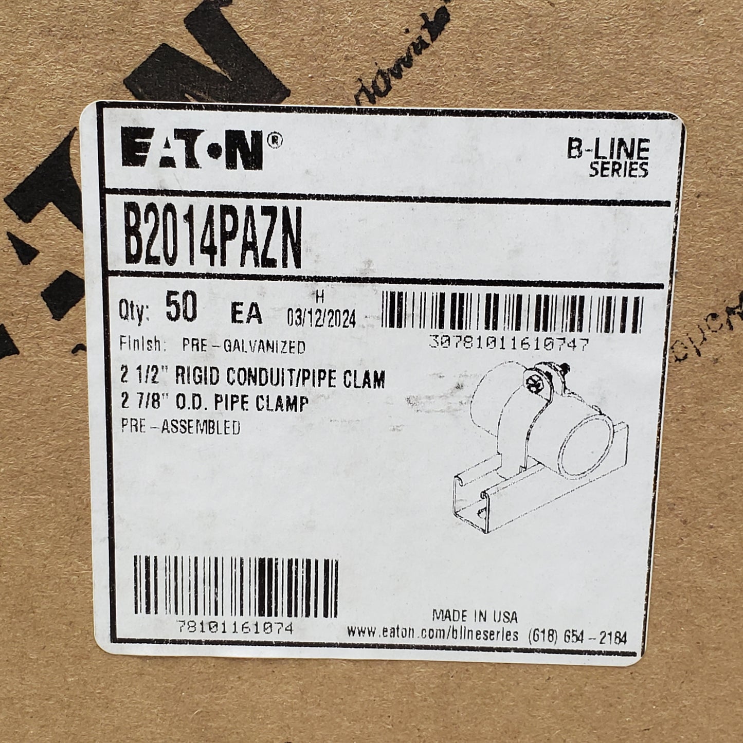 EATON 50PK! Rigid Conduit Pipe Clamp 2-1/2" - 2-7/8" O.D. B-Line Series B2014PAZN