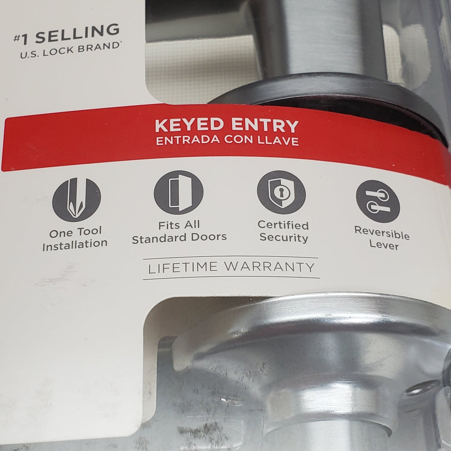 KWIKSET Delta Reversible Lever Keyed Entry Door Handle Satin Chrome 94050-546