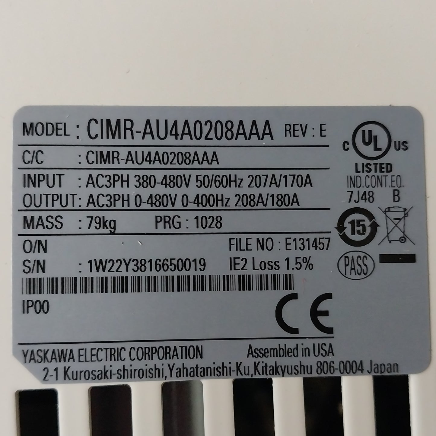 YASKAWA A1000 AC Drive CIMR-AU4A0208AAA High Performance Vector Control 13"x22"x28"