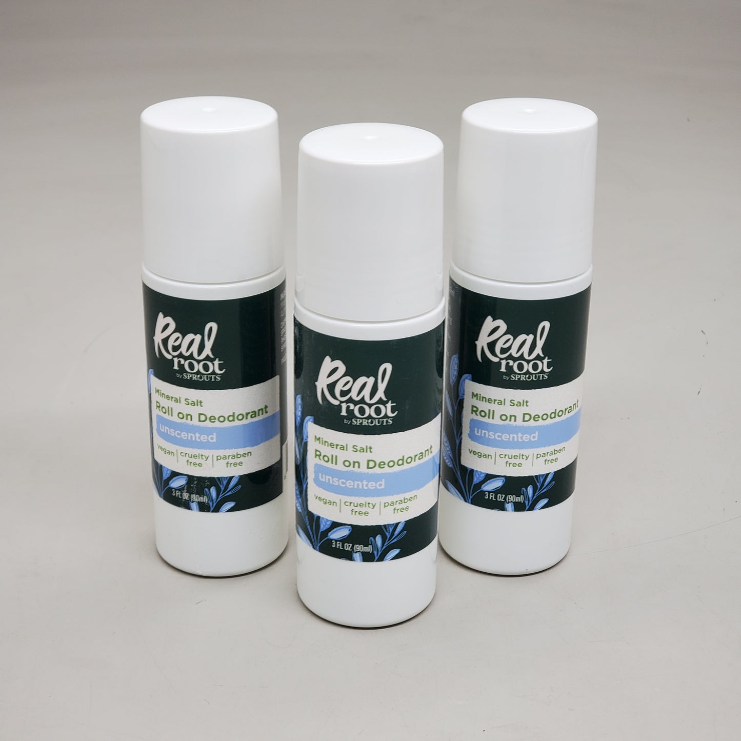 REAL ROOT by Sprouts (3 Pack) Roll on Deodorant Unscented Mineral Salt 3 fl oz BB 8/28