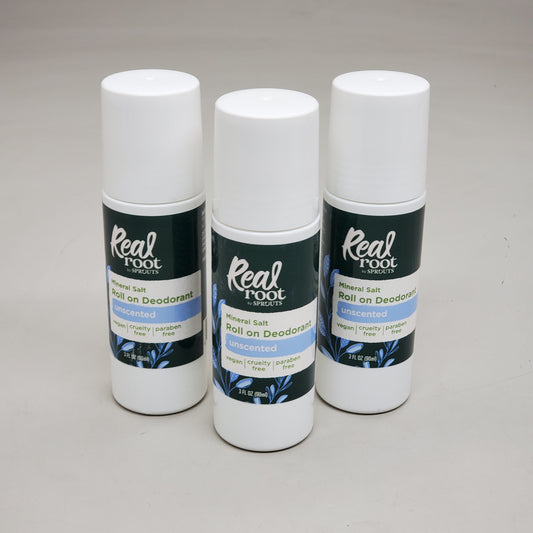 REAL ROOT by Sprouts (3 Pack) Roll on Deodorant Unscented Mineral Salt 3 fl oz BB 8/28