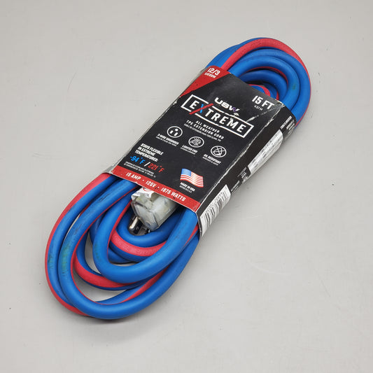 USW Extreme Extension Cord Lighted Plug 15' 12/3 Blue/Red 15Amp 125V 1875W SJE00W