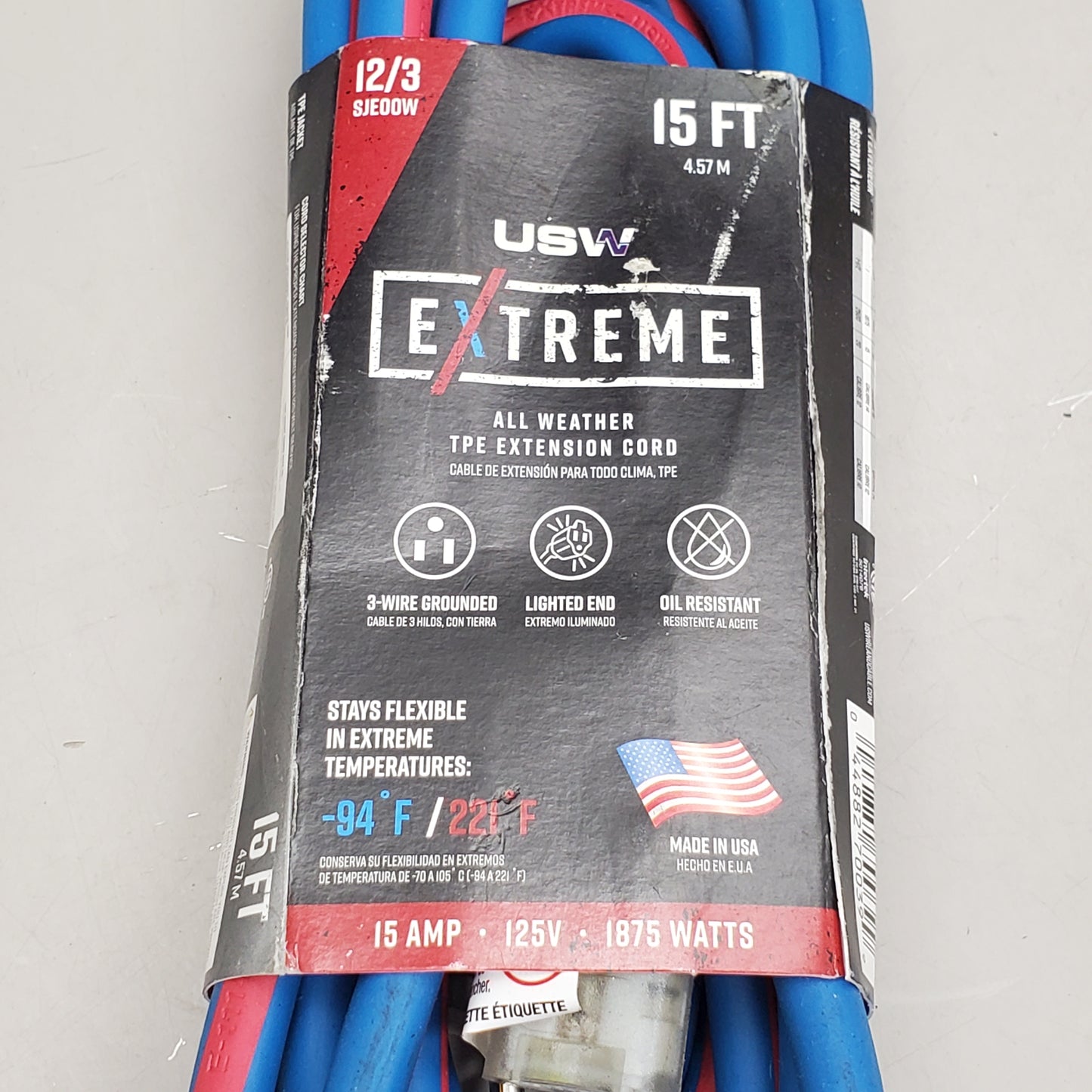 USW Extreme Extension Cord Lighted Plug 15' 12/3 Blue/Red 15Amp 125V 1875W SJE00W