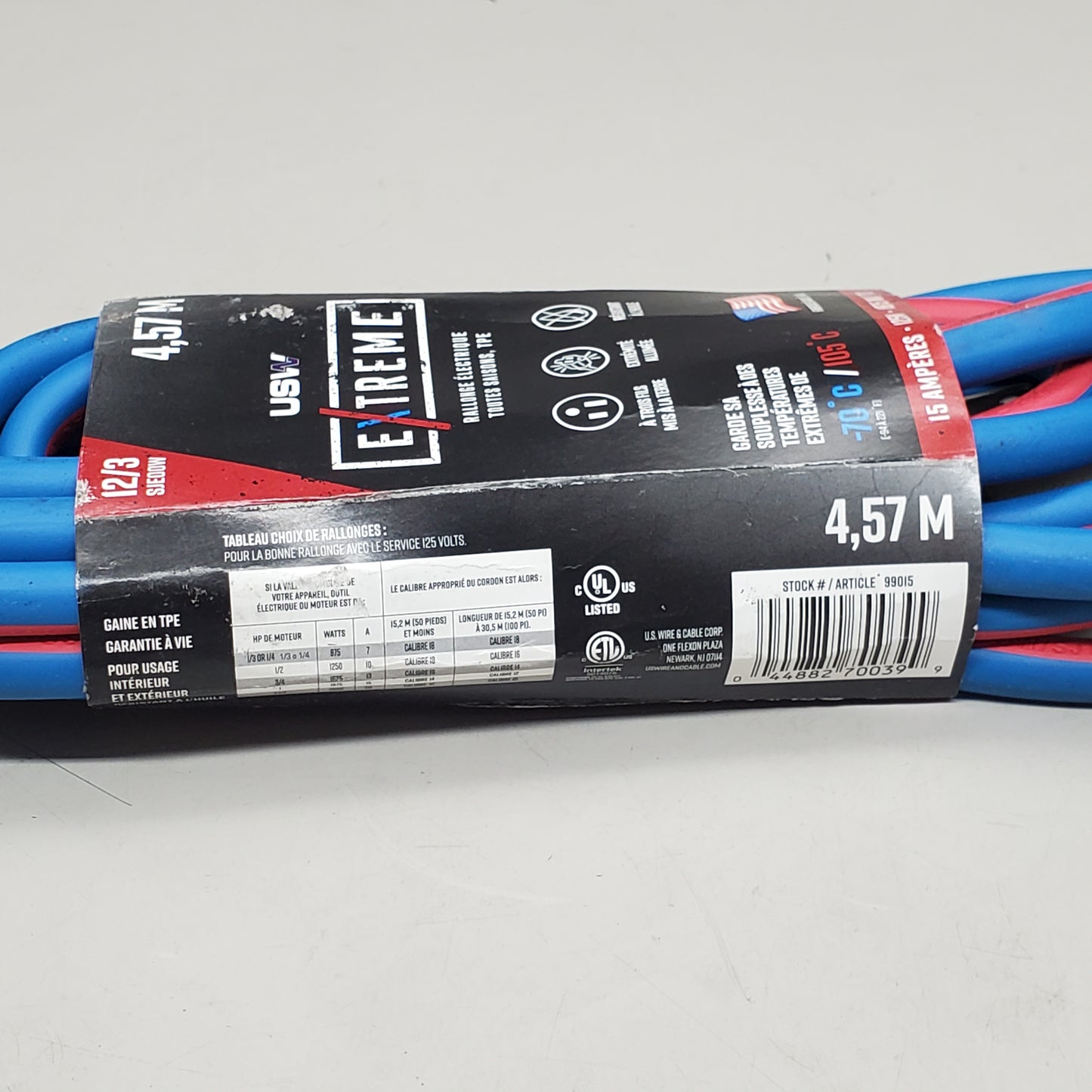 USW Extreme Extension Cord Lighted Plug 15' 12/3 Blue/Red 15Amp 125V 1875W SJE00W