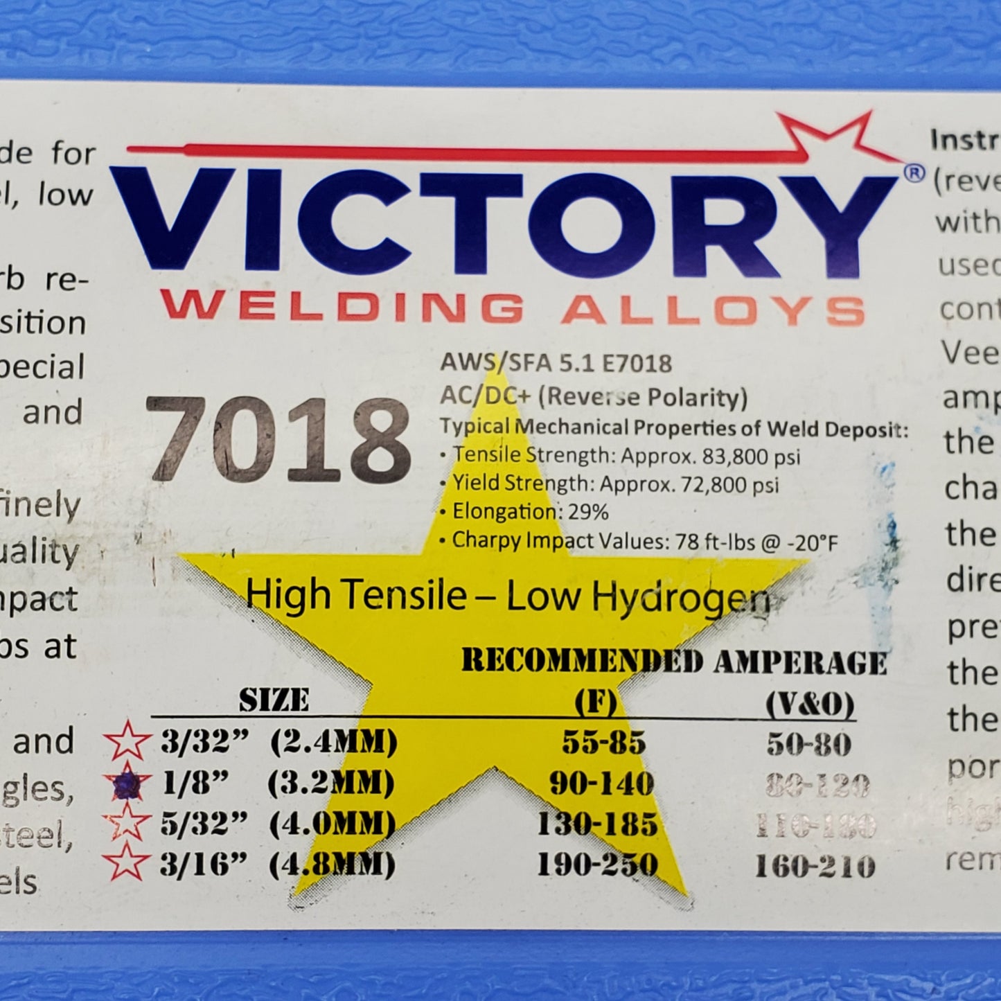 VICTORY Welding Alloys Welding Electrodes 1/8"x14" 10LBS AWS/SFA 5.1 E7018