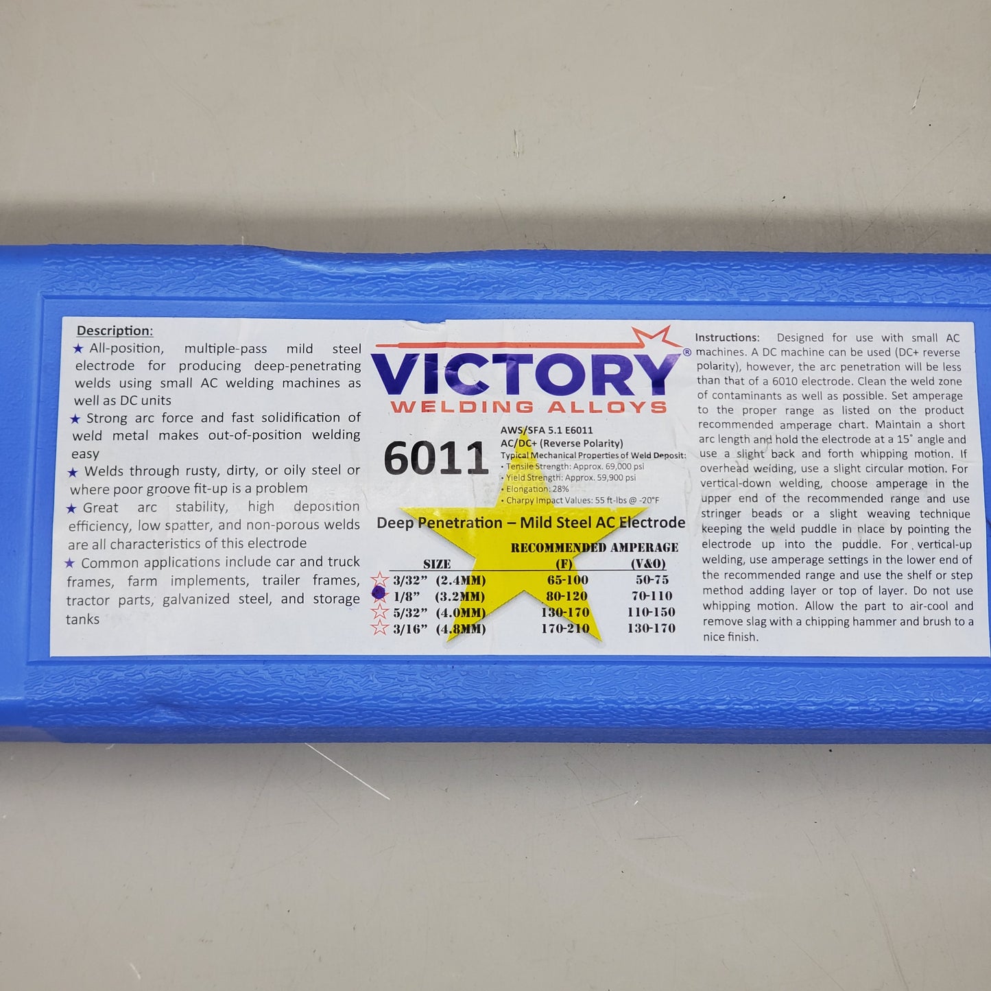 VICTORY Welding Alloys Welding Electrodes 1/8"x14" 5LBS AWS/SFA 5.1 E6011 Mild Steel