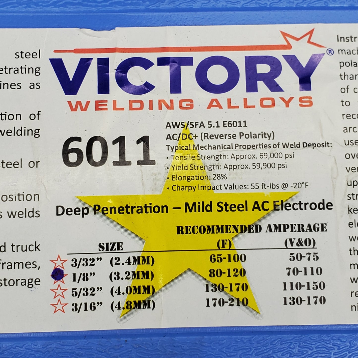 VICTORY Welding Alloys Welding Electrodes 1/8"x14" 5LBS AWS/SFA 5.1 E6011 Mild Steel