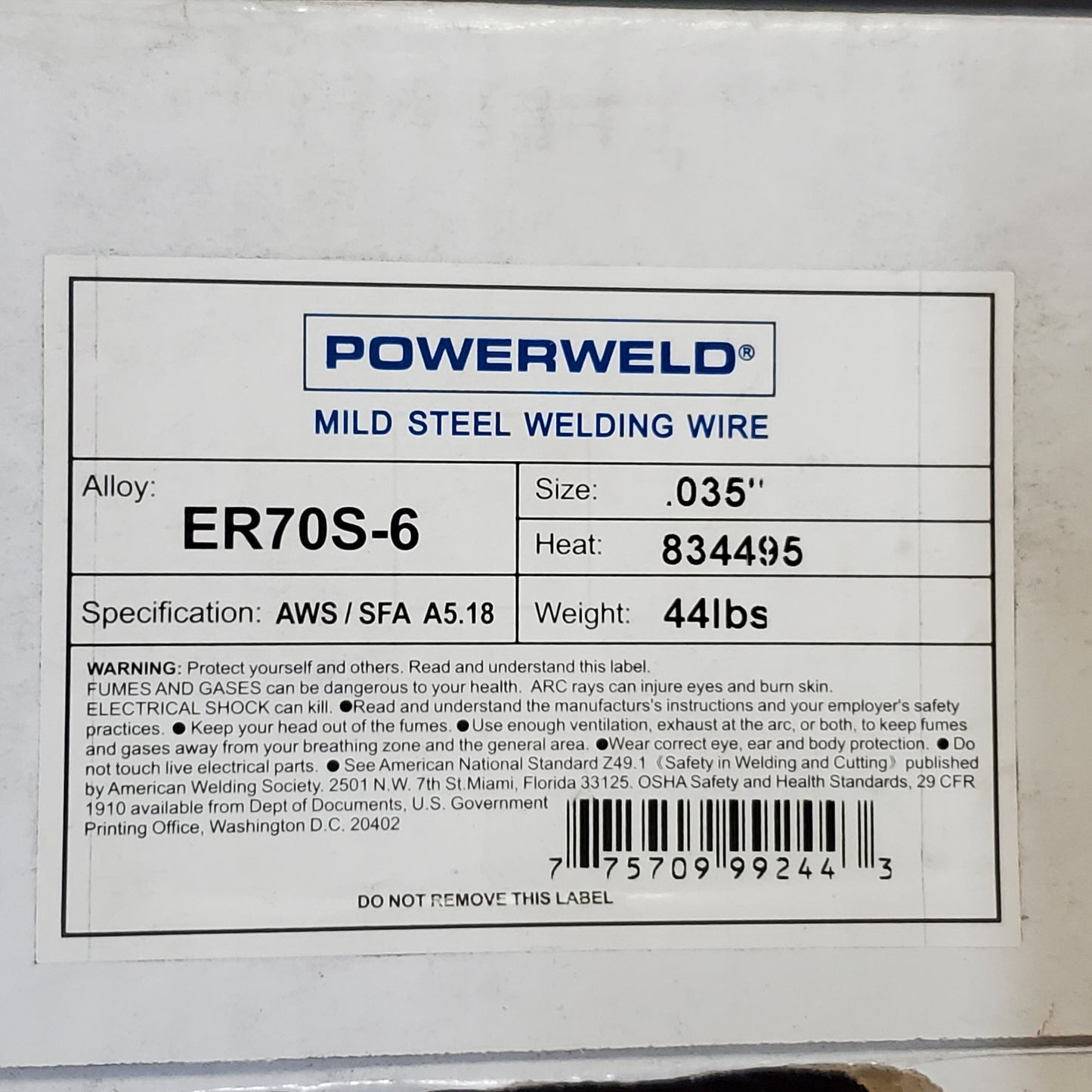 POWERWELD Mild Steel Welding Wire .035" 44lbs AWS/SFA A5.18 ER70S-6 834495 (New Other)