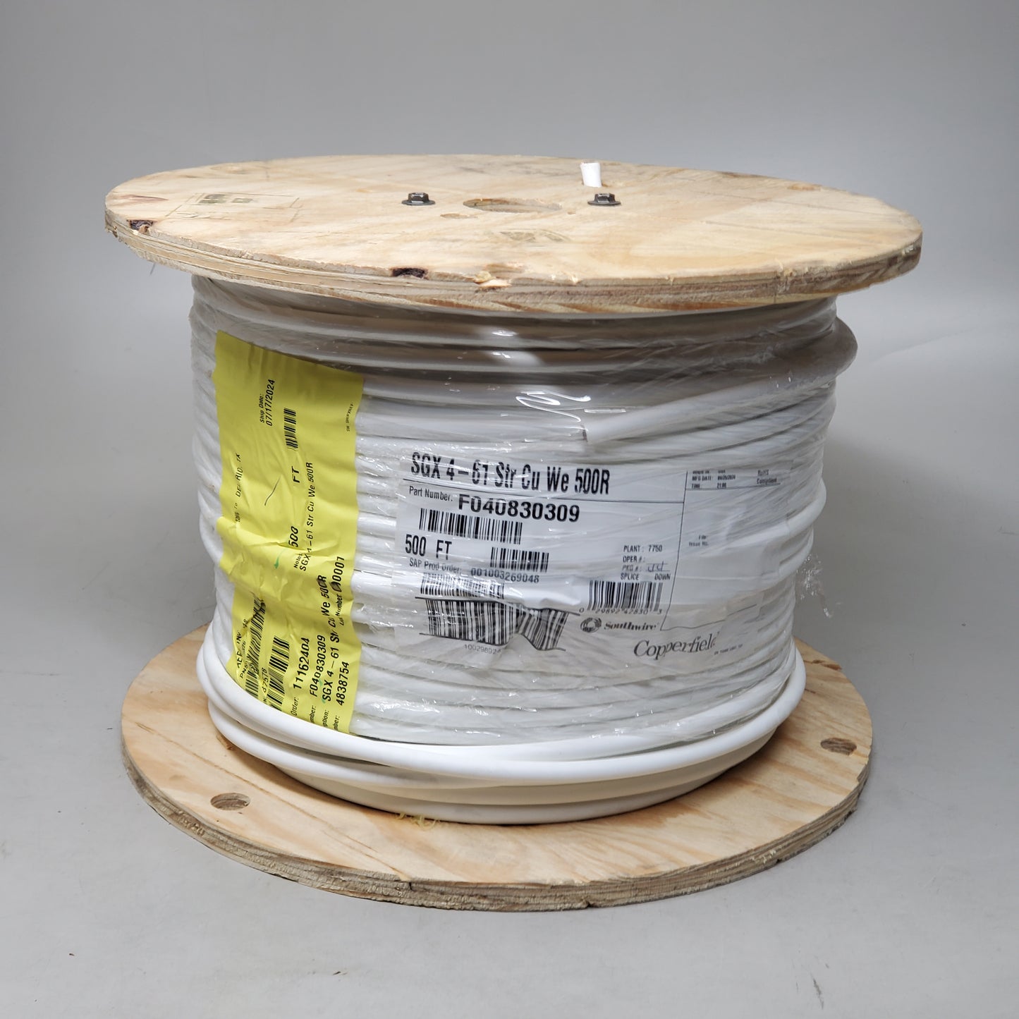 SOUTHWIRE COPPERFIELD SGX 4 AWG - 61 Stranded 1 Conductor Wire 500' White F040830309 Copper 88lbs