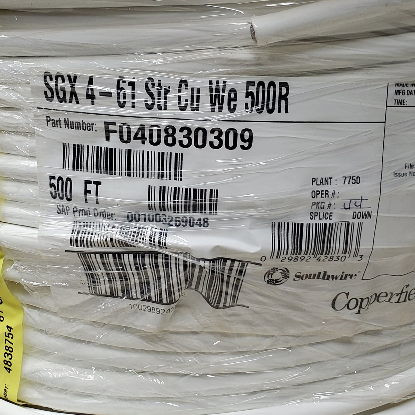 SOUTHWIRE COPPERFIELD SGX 4 AWG - 61 Stranded 1 Conductor Wire 500' White F040830309 Copper 88lbs