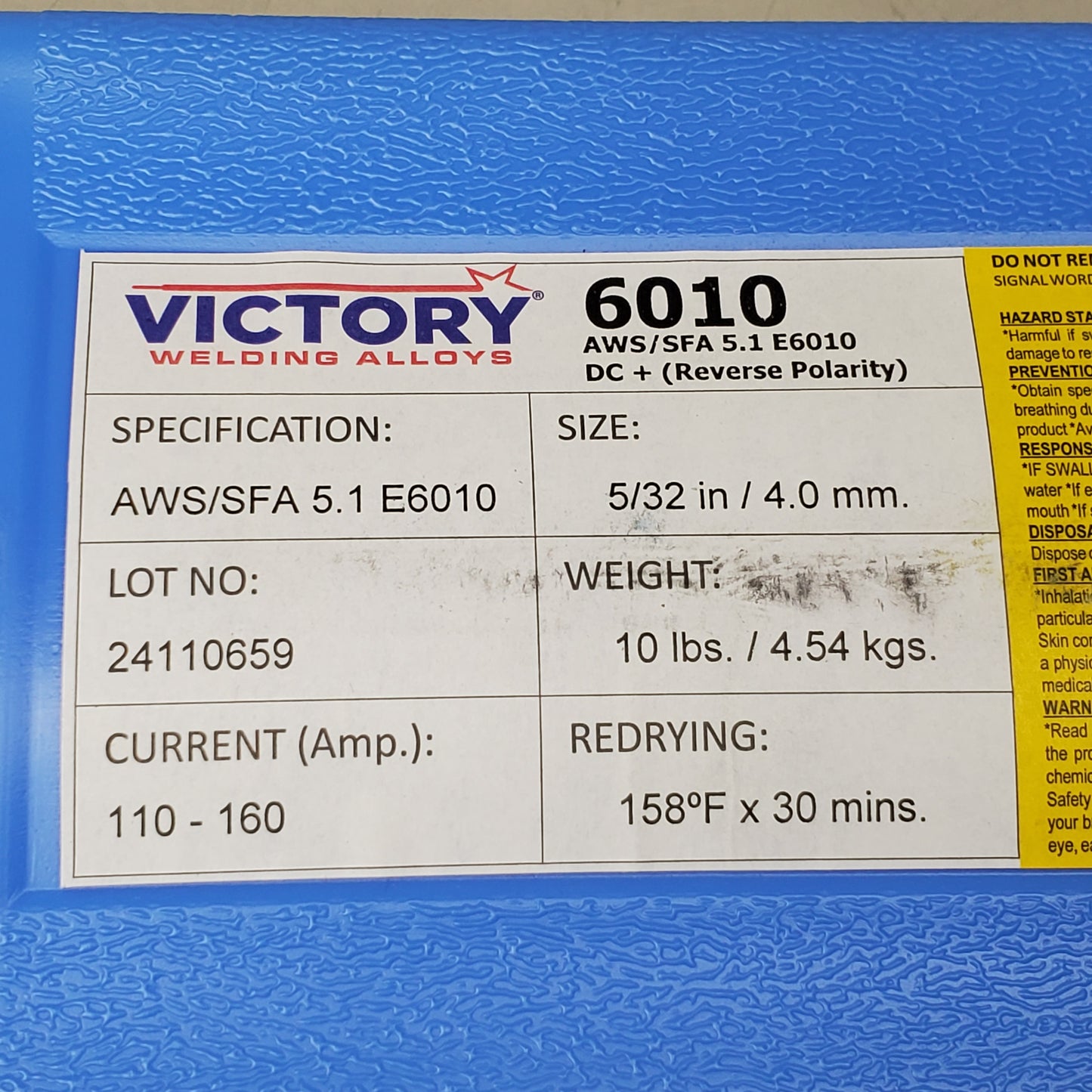 VICTORY Welding Alloys Welding Electrodes 5/32"x14" 10lbs AWS/SFA 5.1 E6010 Mild Steel