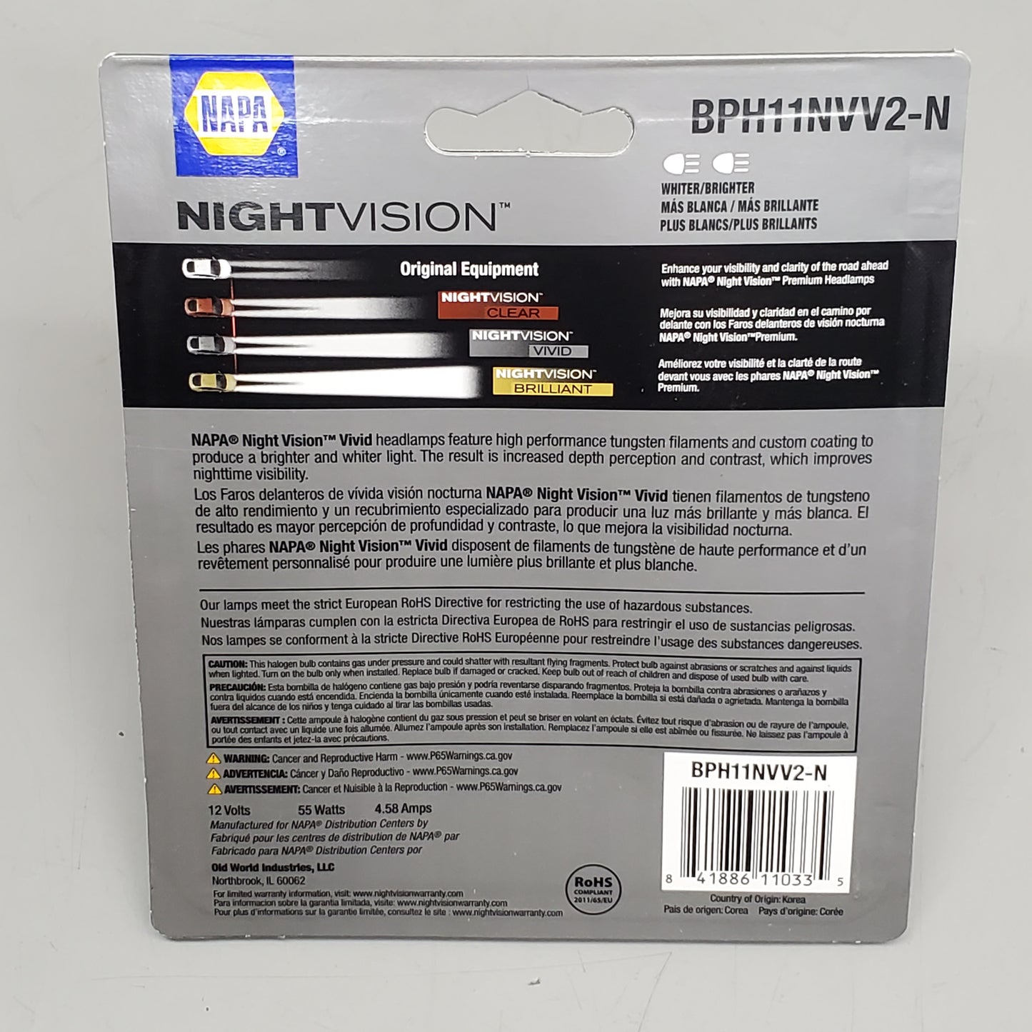 NAPA (2 Pack) NightVision Vivid Halogen Headlamps H11 Low Beam Whiter/Brighter BPH11NVV2-N 12V 55W