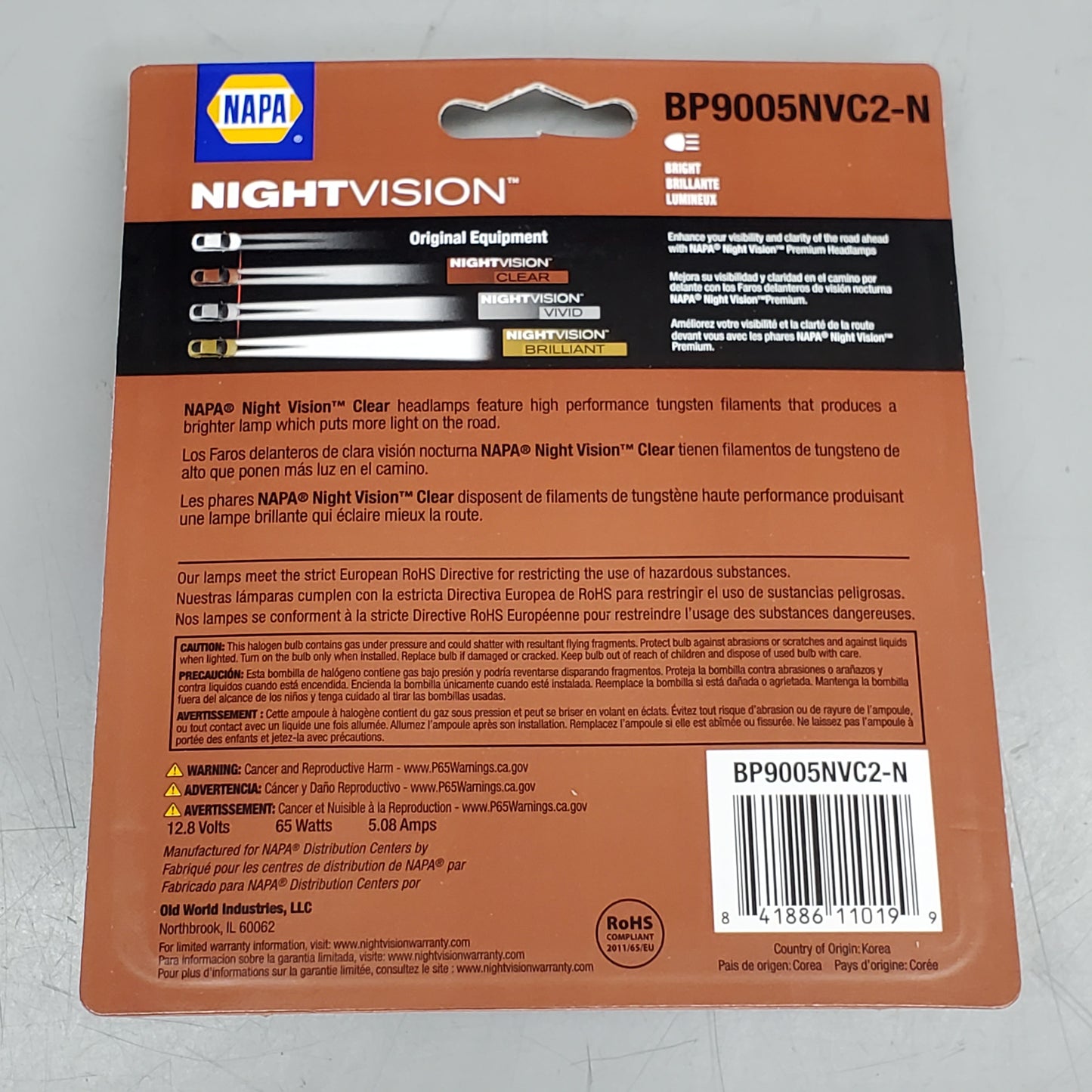 NAPA (2 Pack) NightVision Clear Halogen Headlamps HB3 High/Low Beam Bright BP9005NVC2-N 12.8V 65W