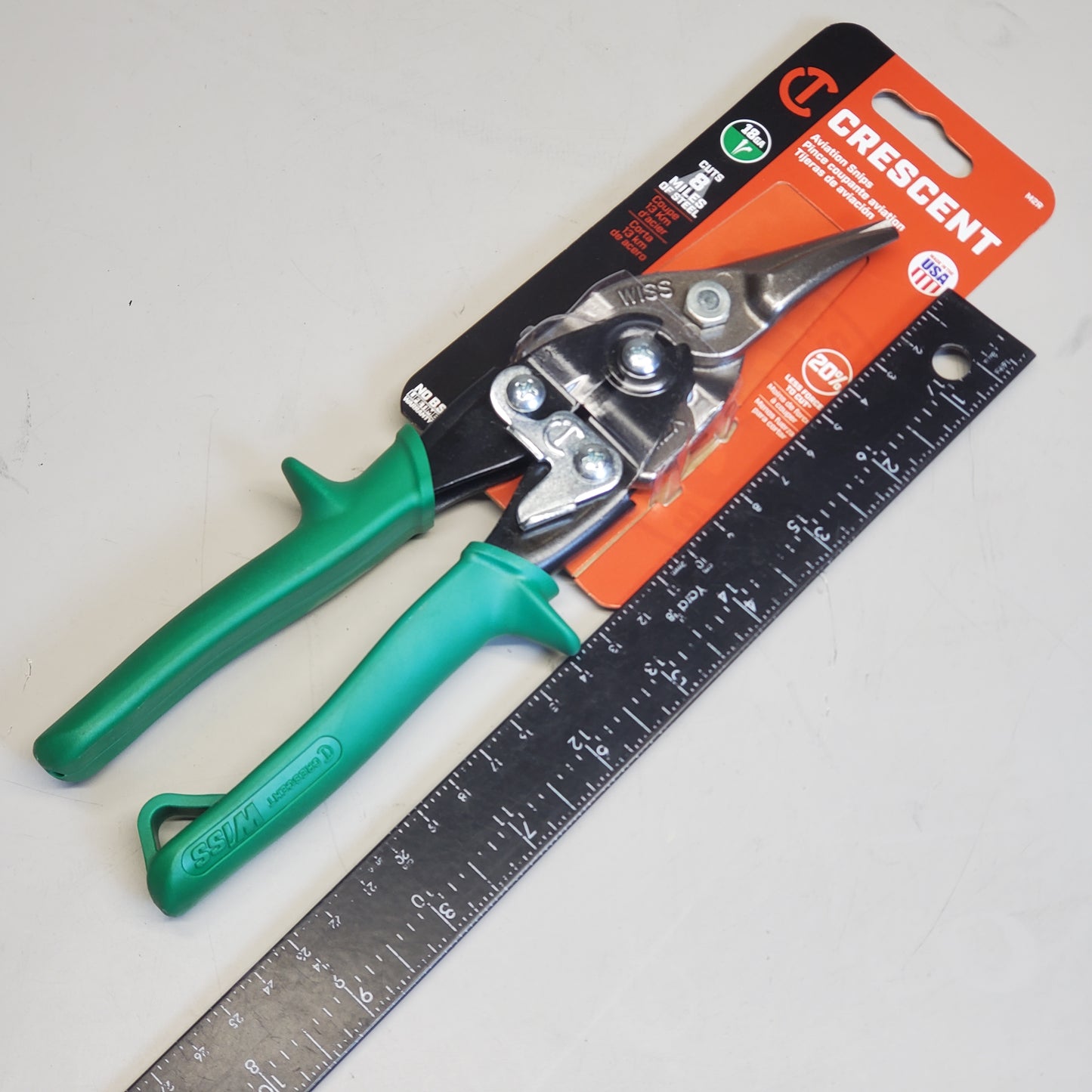 WISS Crescent Straight and Right Cut Aviation Snips Green Handle 9" M2R