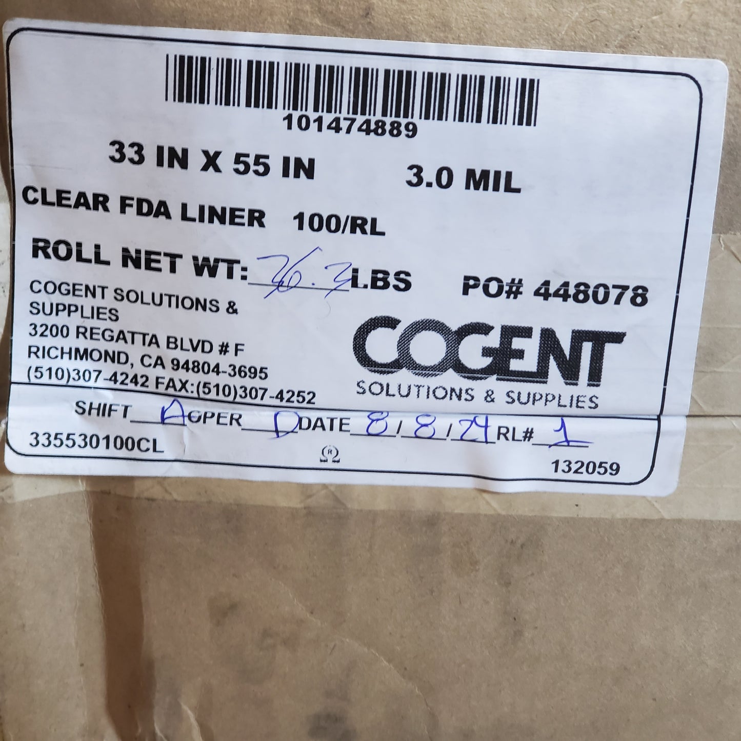 COGENT (100 Bags) Clear FDA Bag Liners 33" x 55" 3.0 Mil Roll 101474889