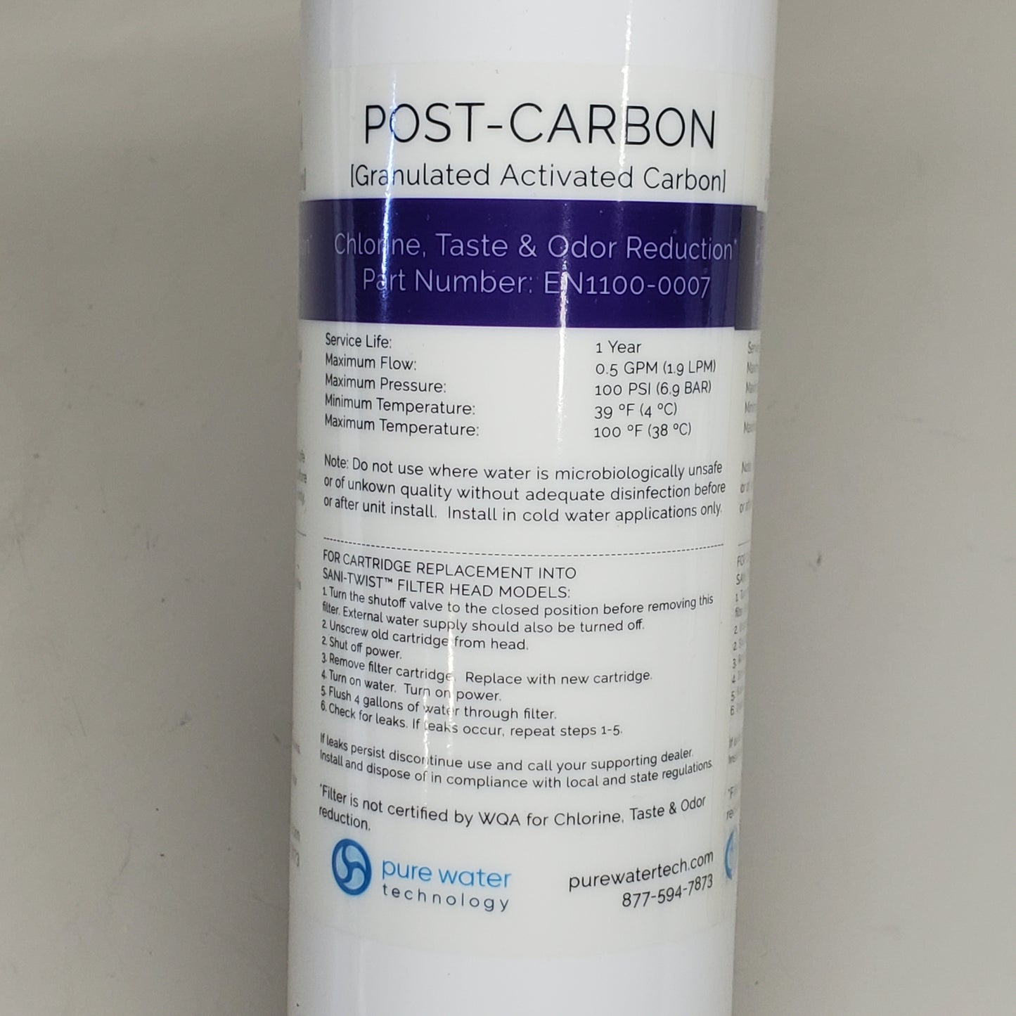 PURE WATER Post-Carbon Water Filter 12" EN1100-0007 Chlorine, Taste & Odor Reduction