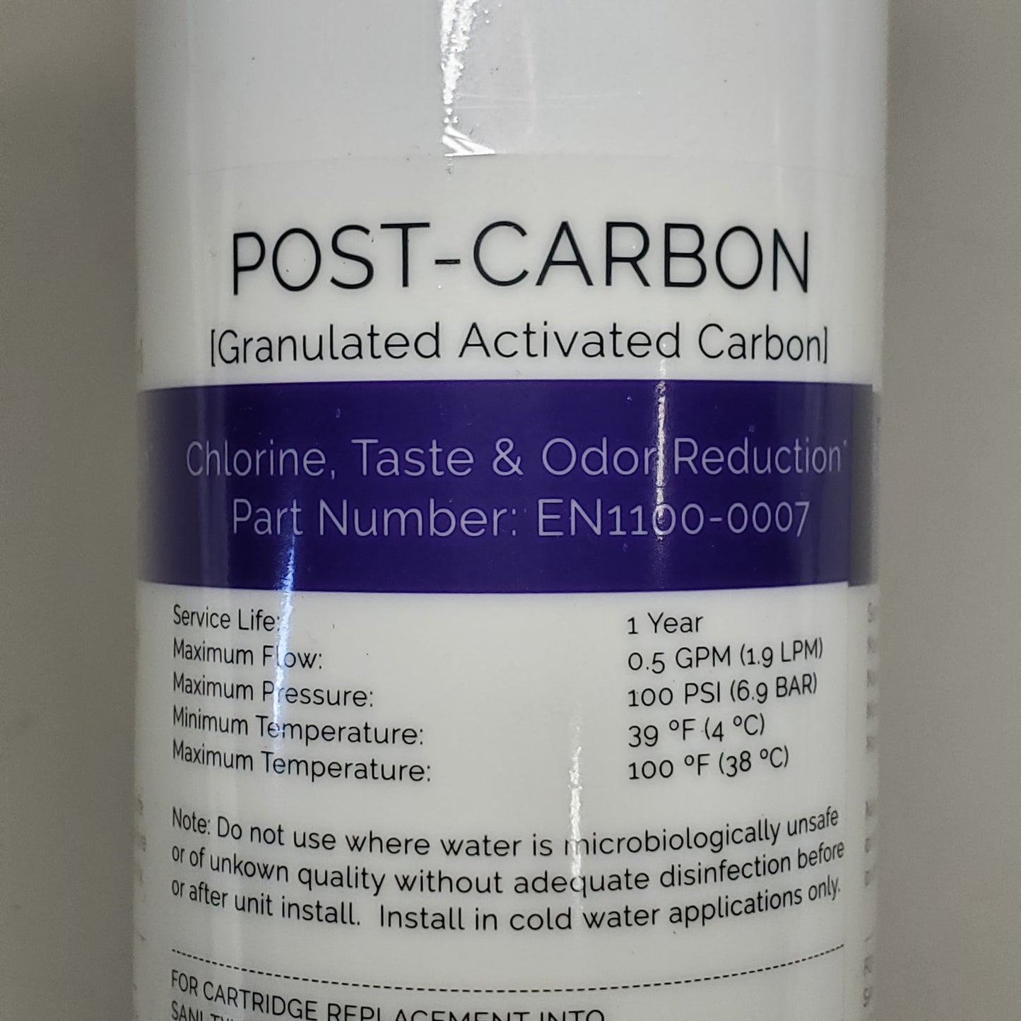 PURE WATER Post-Carbon Water Filter 12" EN1100-0007 Chlorine, Taste & Odor Reduction