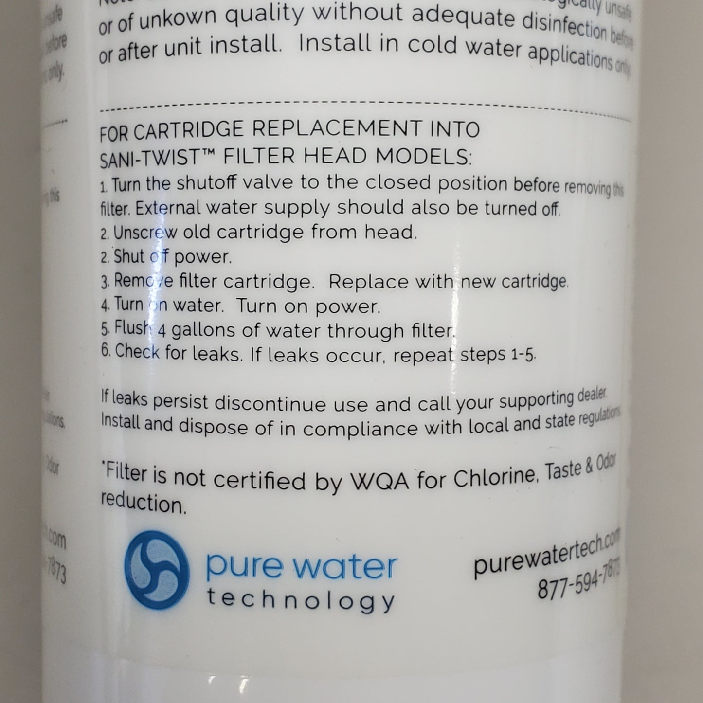 PURE WATER Post-Carbon Water Filter 12" EN1100-0007 Chlorine, Taste & Odor Reduction