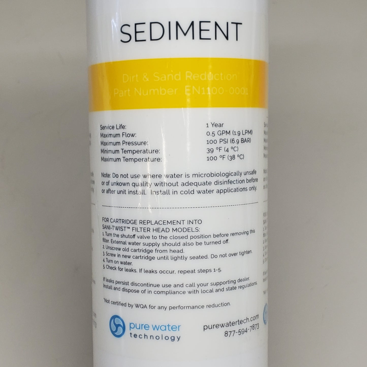 PURE WATER Sediment Water Filter 12" EN1100-0001 Dirt & Sand Reduction