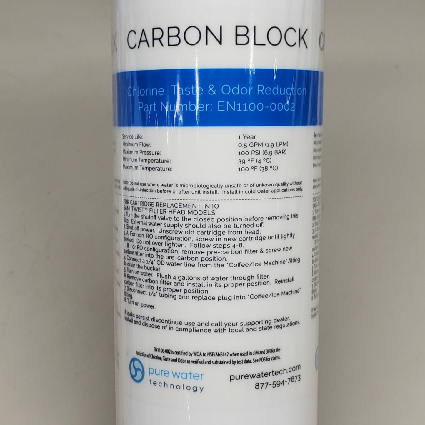 PURE WATER Carbon Block Water Filter 12" EN1100-0002 Chlorine, Taste & Odor Reduction