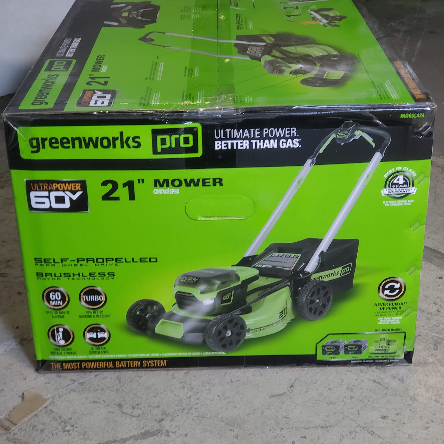 ZA@ GREENWORKS Pro Self Propelled Lawn Mower 21" 60V W/ 2 Batteries & Charger MO60L424 B