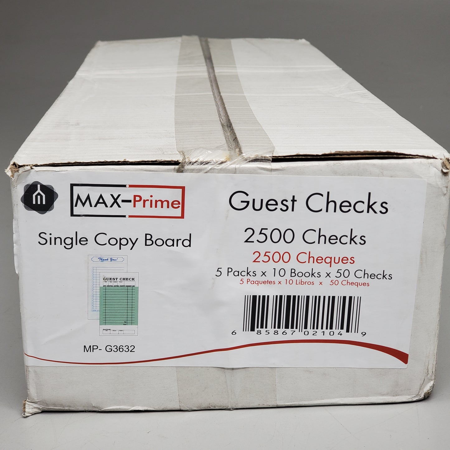 MAX-PRIME (2500 Count) Guest Checks Single Copy Board 3.5"x6.75" MP-G3632