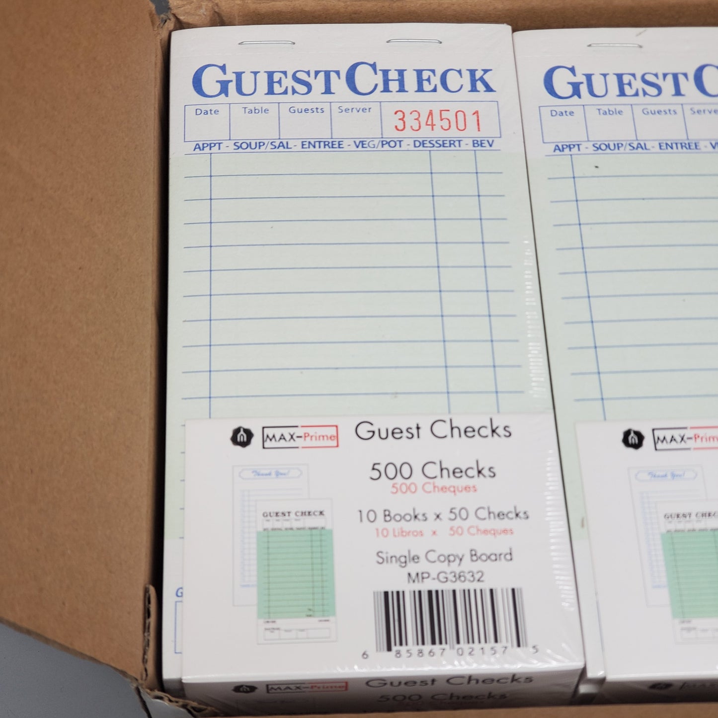 MAX-PRIME (2500 Count) Guest Checks Single Copy Board 3.5"x6.75" MP-G3632