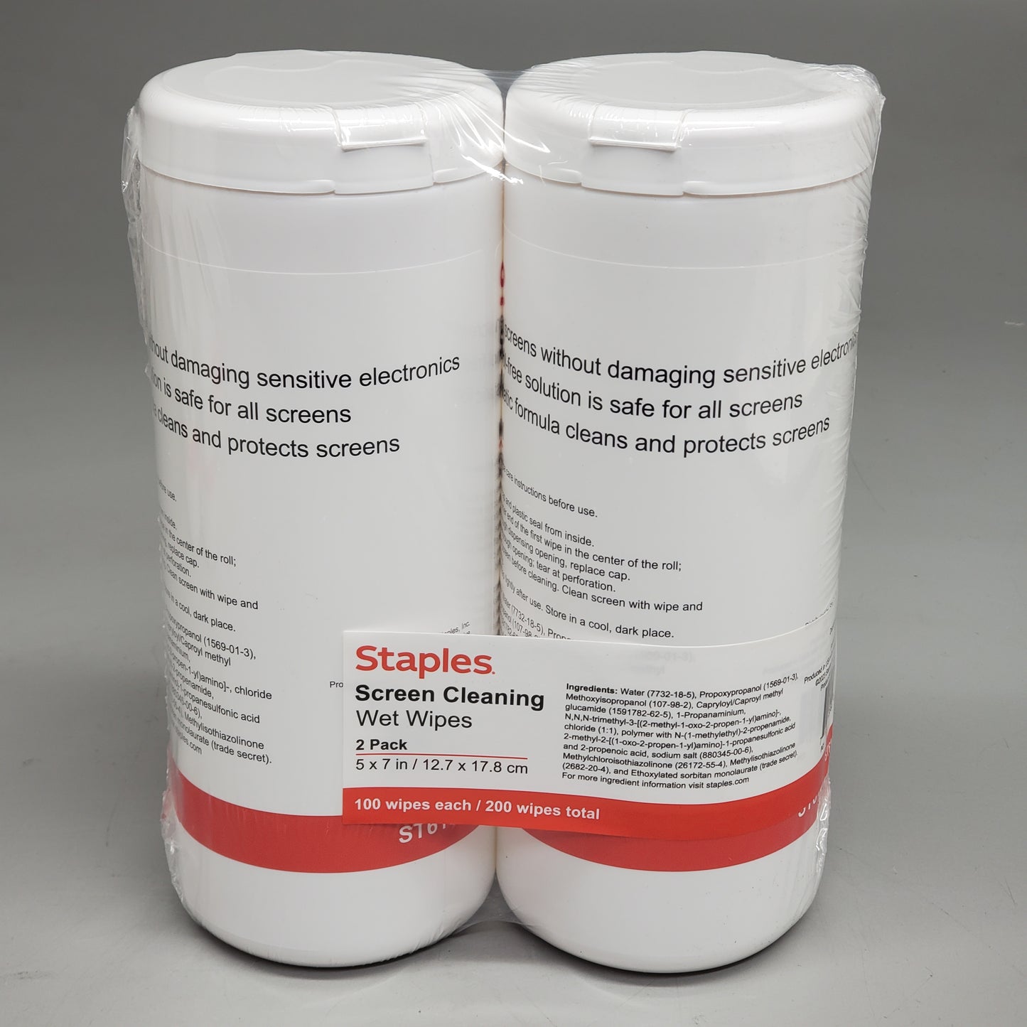 STAPLES (2 Pack) Screen Cleaning Wet Wipes 100ct 5x7" ST61848 Non-Abrasive