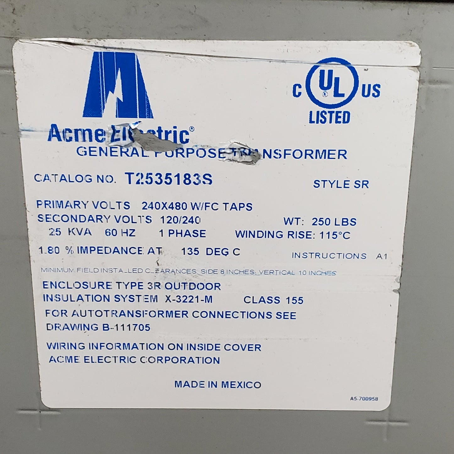 ACME ELECTRIC Low Voltage Distribution Transformer 1PH 240/480V AC T2535183S (New Other)