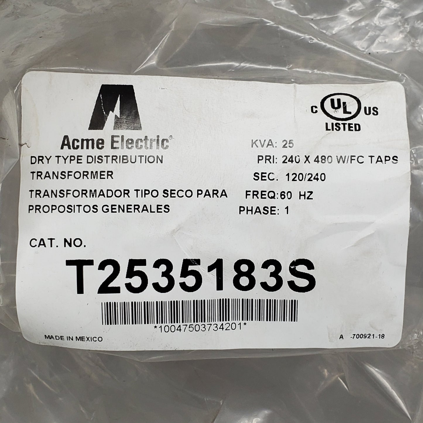 ACME ELECTRIC Low Voltage Distribution Transformer 1PH 240/480V AC T2535183S (New Other)