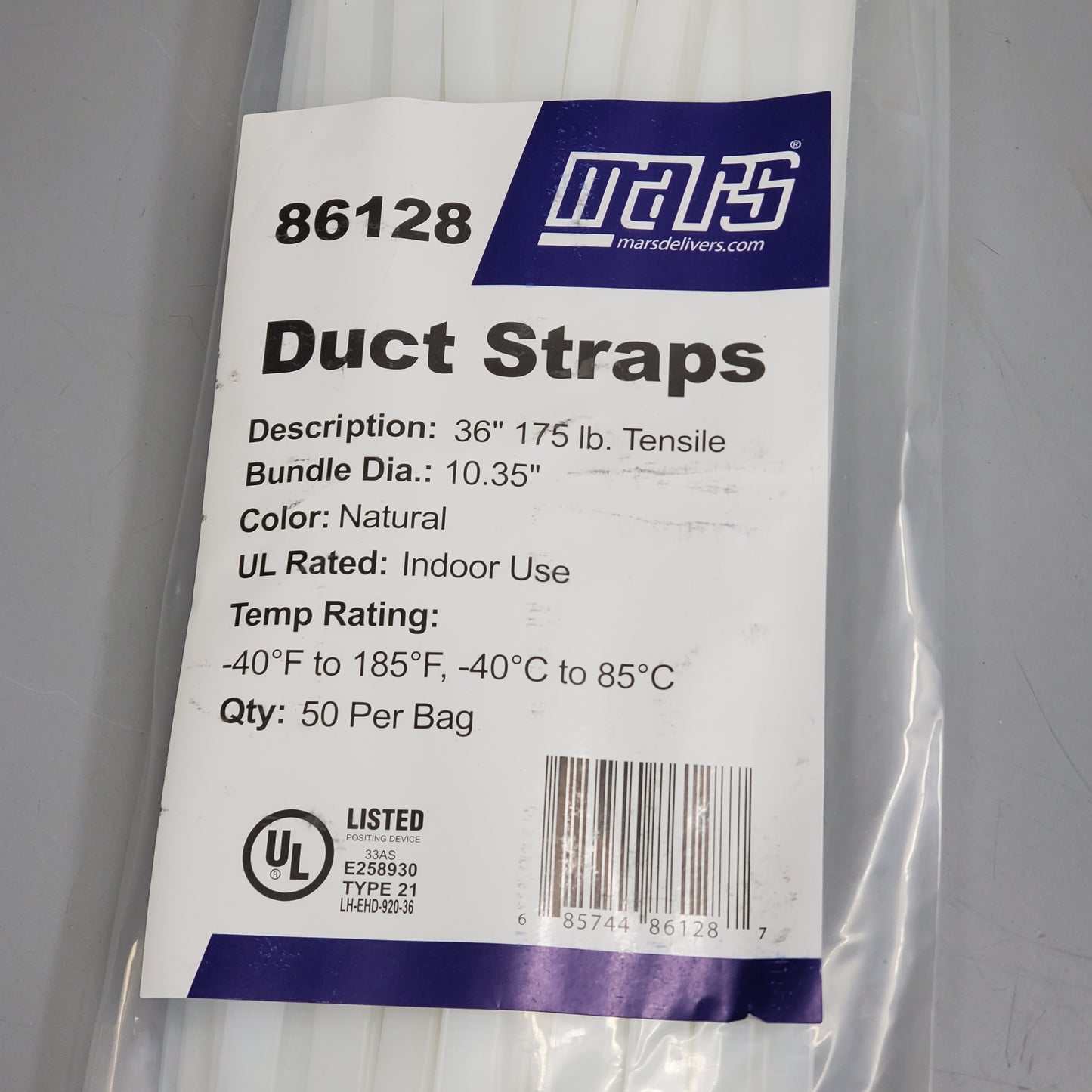 MARS (50 Pack) Duct Straps Cable Ties 36" Natural Nylon 175 lb Tensile 86128