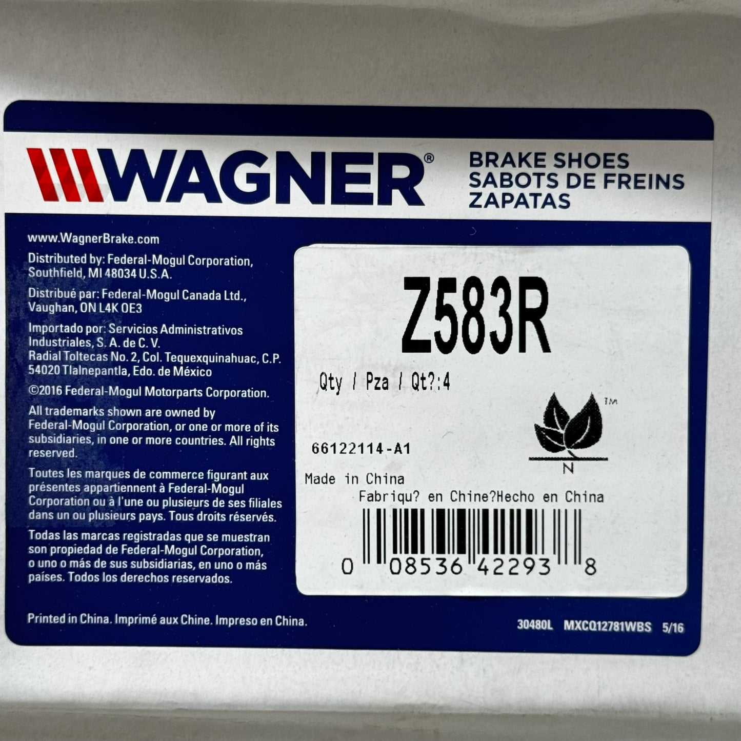 WAGNER QS Ceramic Disc Brake Shoes Set 11 1/2" x 6 1/2" Black Z583R