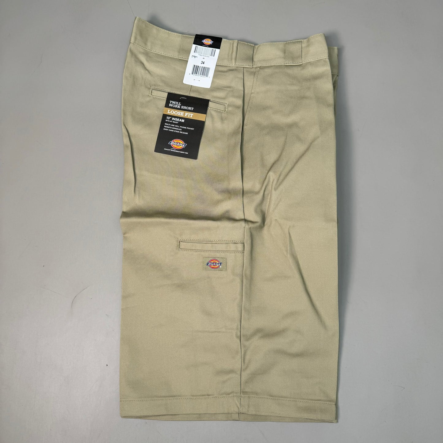 DICKIES Loose Fit Twill Work Shorts 13" Inseam Men's Sz 34 Khaki 42283KH