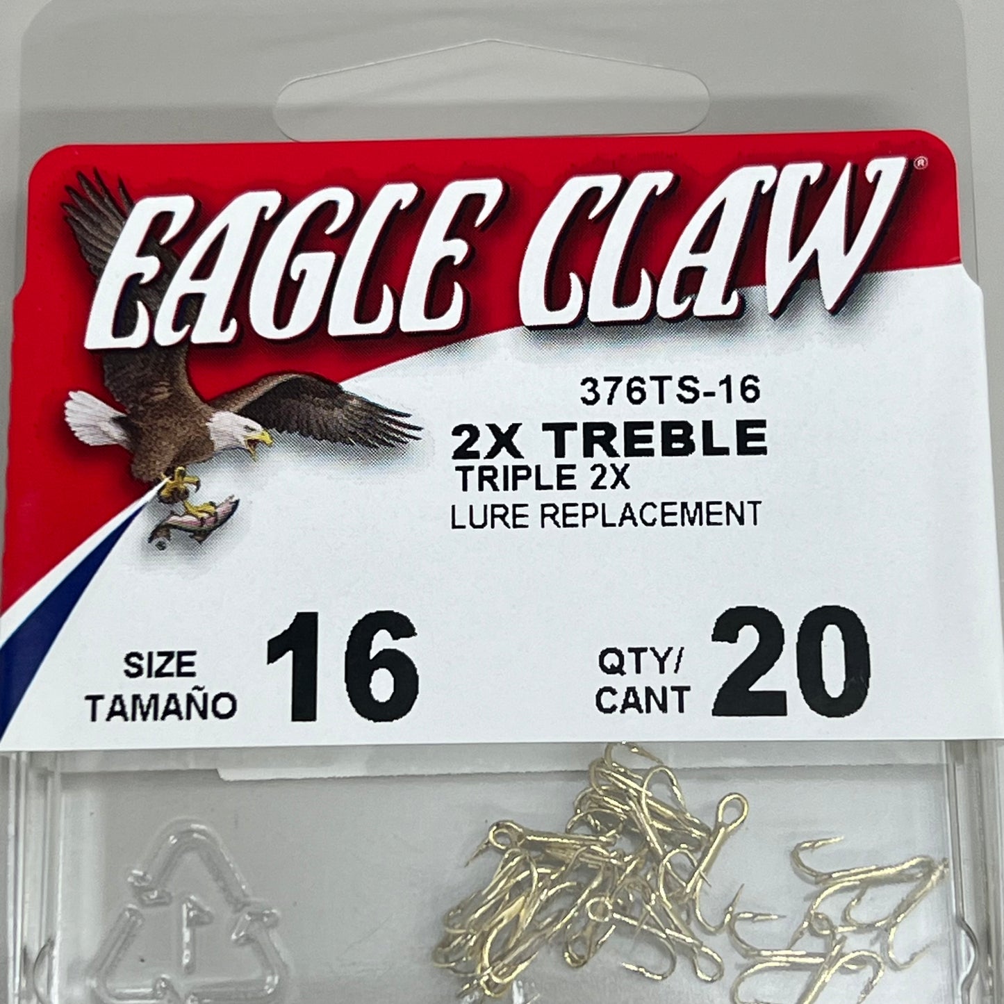 EAGLE CLAW (5 PACK) 2X Treble Hook Triple 2X Lure Repla Gold #16 20pc 376TS-16