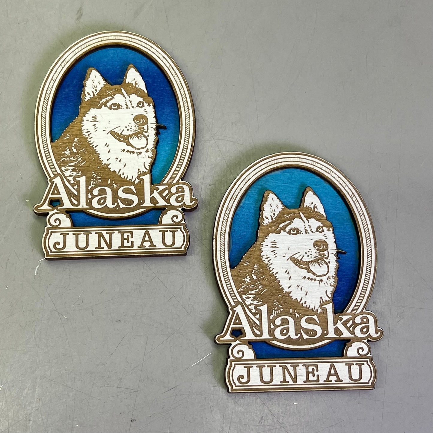 (2 PACK) Huskey Dog Laser Cut Wood Magnet Souvenir JUNEAU, AK Made In USA