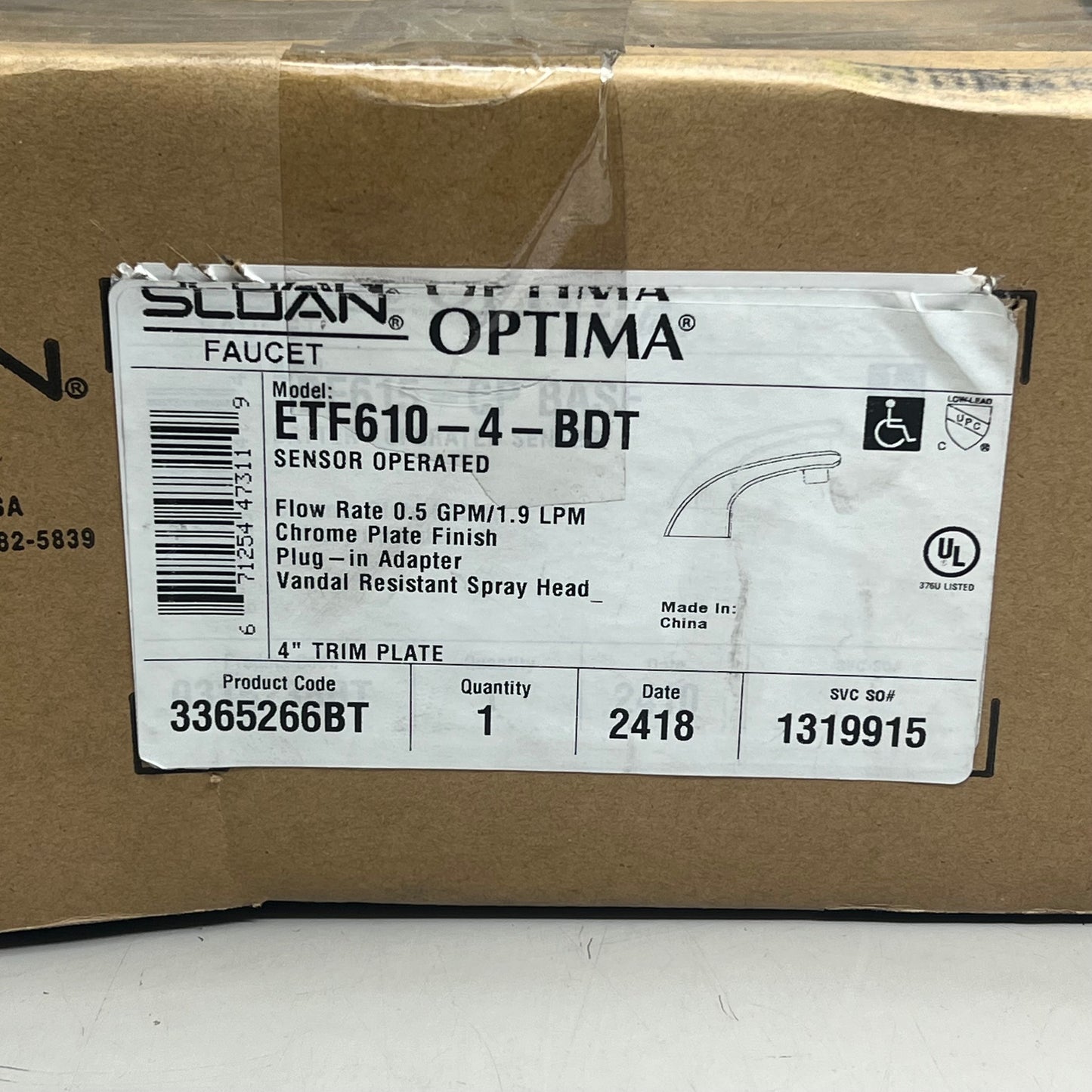 SLOAN Plug-in Adapter Electronic Faucet Kit 0.5GPM/1.9LPM Chrome  ETF610-4-BDT