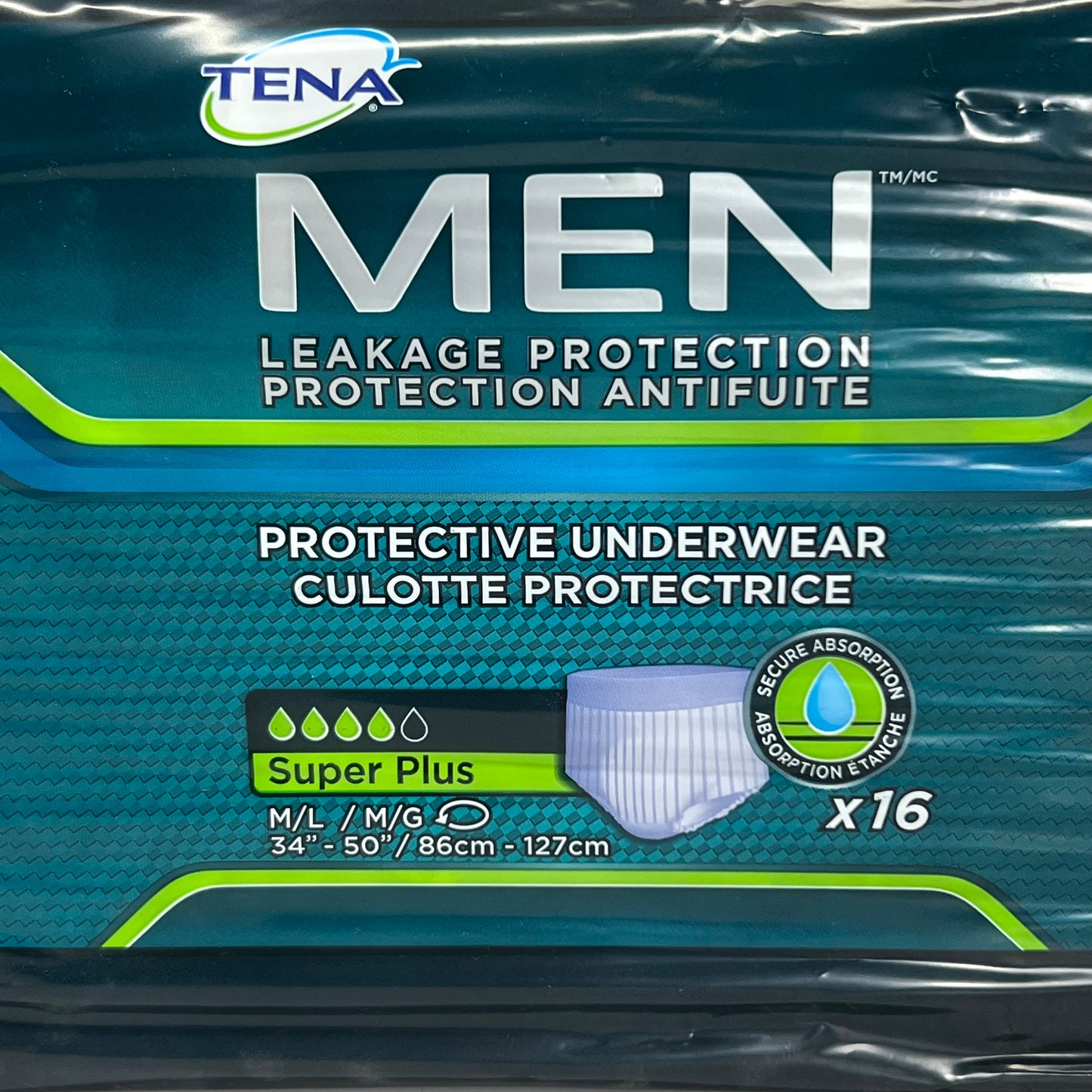 TENA (16 PACK) Men Super Plus Underwear, Heavy Absorbency M White 34987-25