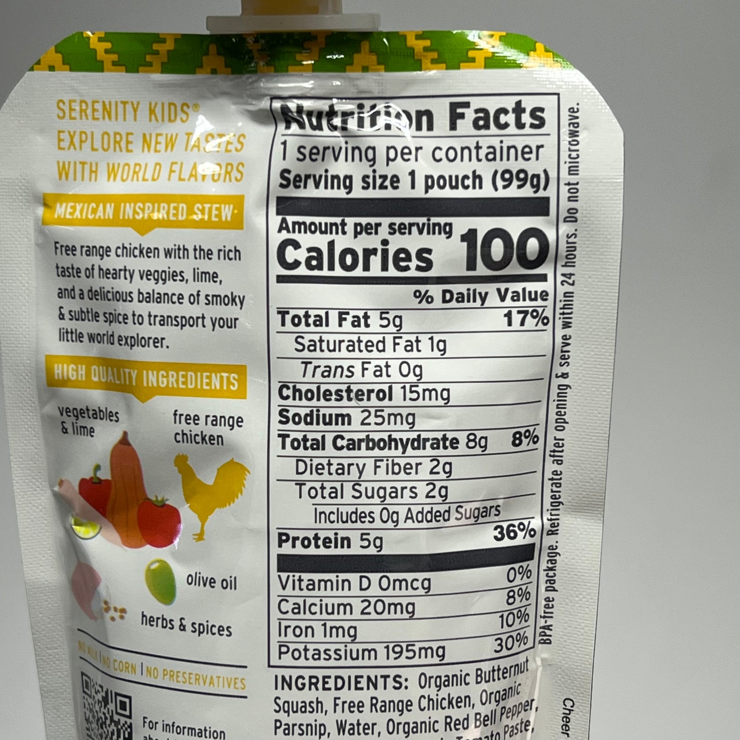SERENITY (6 PACK) Free Range Chicken Mexican Stew Baby Food Pouches BB 09/27
