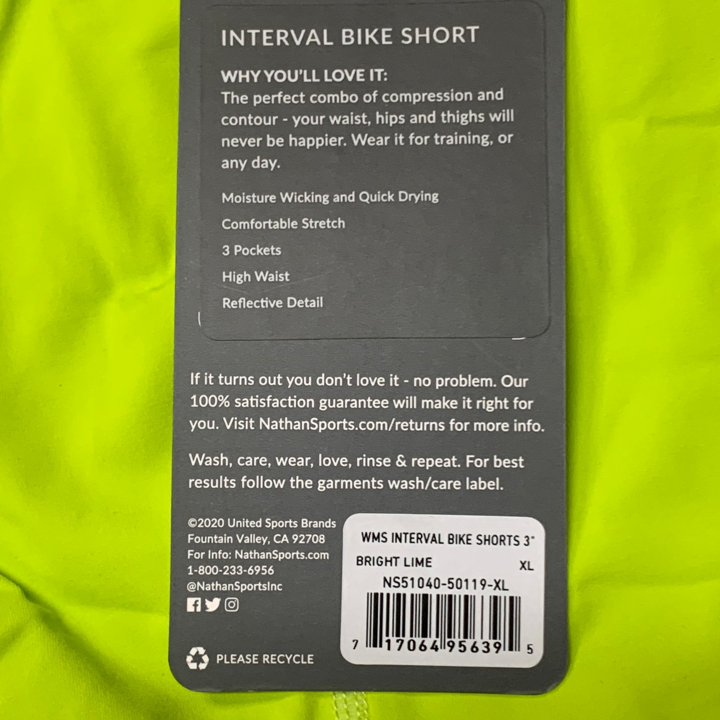 NATHAN Interval 3" Inseam Bike Short Women's Bright Lime Sz XL NS51040-50119-XL